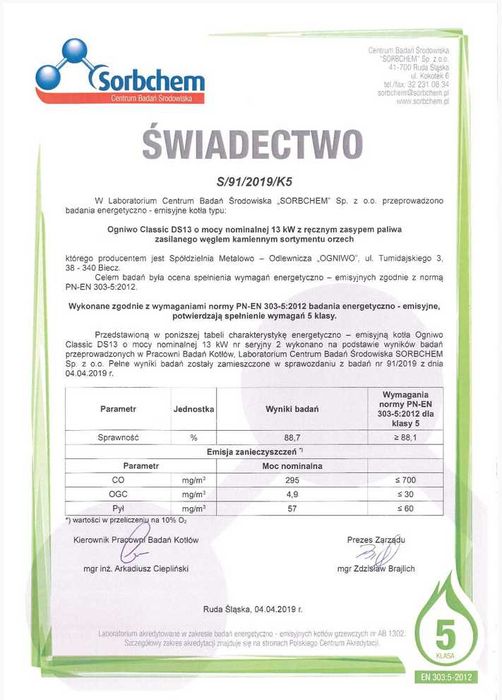 Pakiet - kocioł na węgiel Ogniwo Classic DS 13 kW + bufor HS B0 500