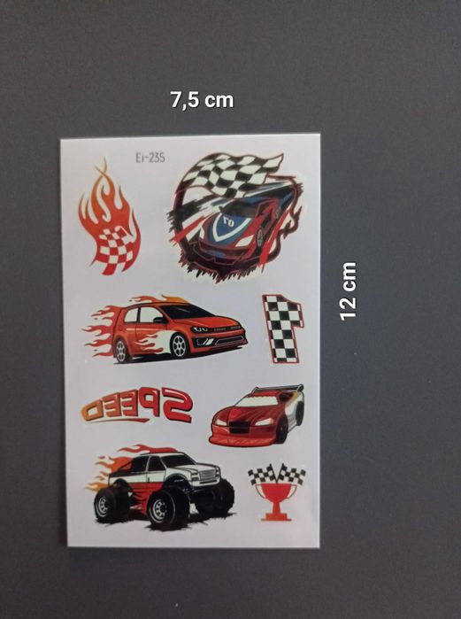 Tatuaże dziecięce SAMOCHODY WYSCIGOWE 5 arkusz świecące