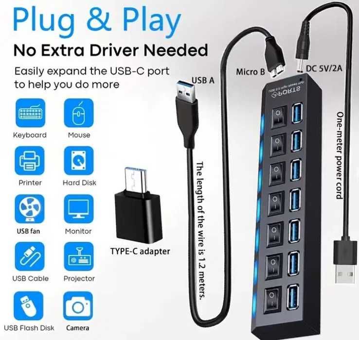 Розширювач для мобільного телефону та планшету USB 3.0 7-портовий