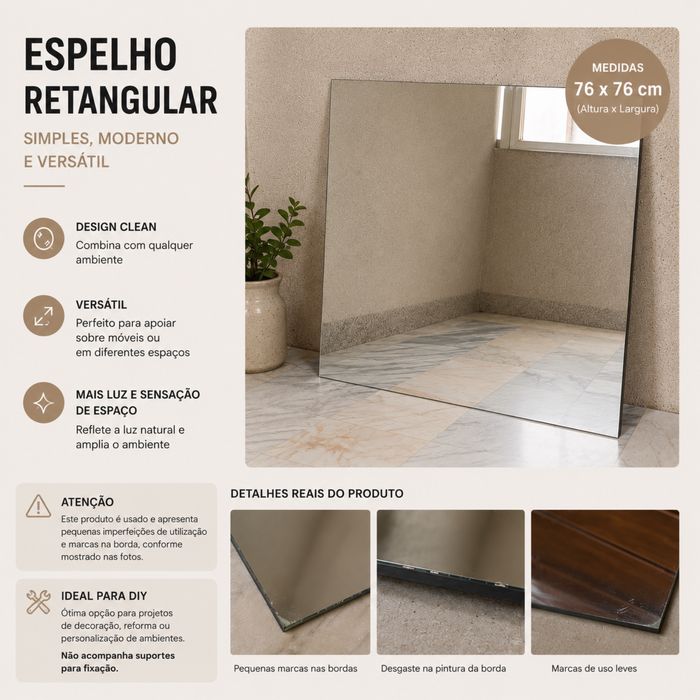 Espelho 76 × 76 cm – Ideal para DIY | 10€