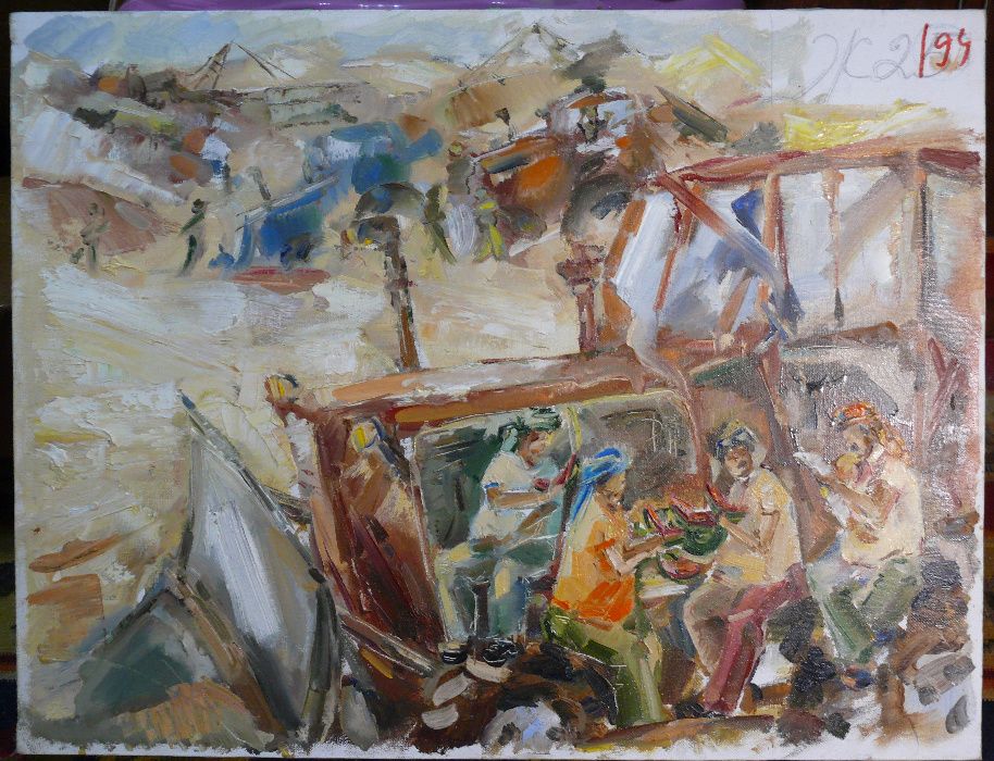 Трактористы на Стройке Кушают Арбуз. Холст Масло. Соцреализм