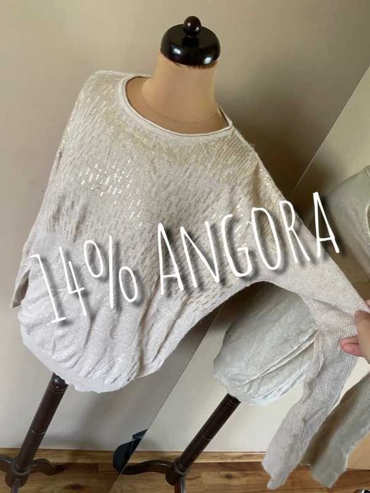 weter wlochaty 42 44 +size xl cekiny naszywki nietoperz oversize krem
