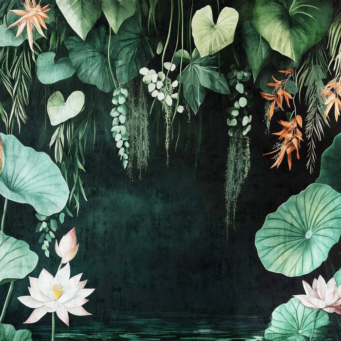 Fototapeta Ciemna Zieleń Kwiaty Liście Woda Dżungla Tropiki 3D + KLEJ