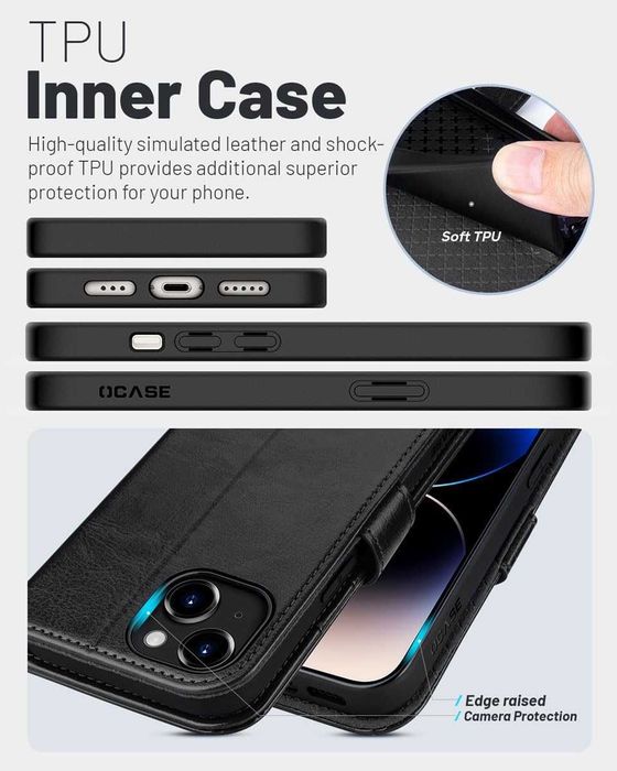 OCASE etui skórzane do iPhone 15 RFID z klapką portfel stojak czarne