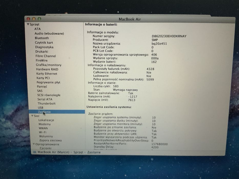 Uszkodzony macbook air a1369 dysk 128gb 4gb ram