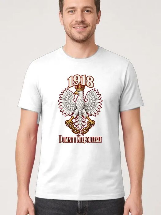 Koszulka męska biała dumni i niepodlegli orzeł 1918 patriotyczna L