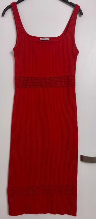 ZARA Czerwona sukienka z ażurowymi detalami na ramiączkach BAWEŁNA