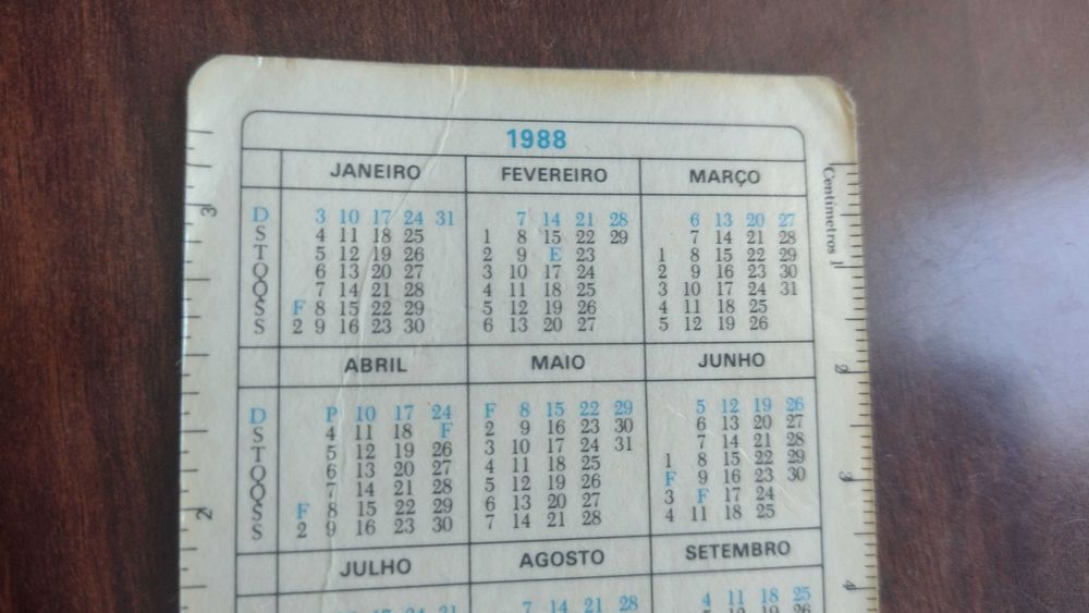 Calendário de bolso de coleção TLP 1988