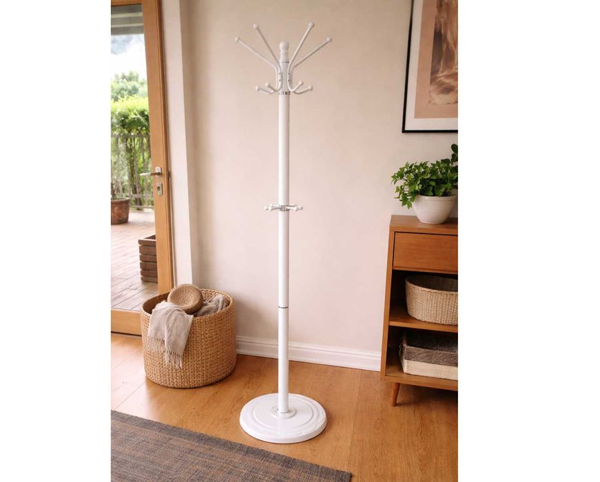 Wieszak na Ubrania Kurtki Stojący Stojak na Parasolki Biały STABILNY