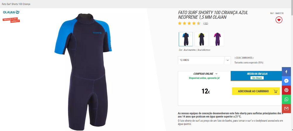 Fato de agua curto - 12 anos - usado como novo