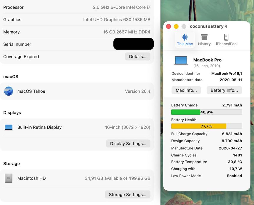 MacBook Pro Retina 16" – Processador i7– 512GB SSD, 16GB RAM, 2 gráficas – Bom Estado, Caixa original