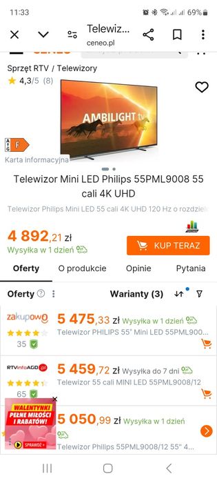 Philips 55 cali MiniLed 120Hz, SmartTv Ambilight,  nowy,  gwarancja.