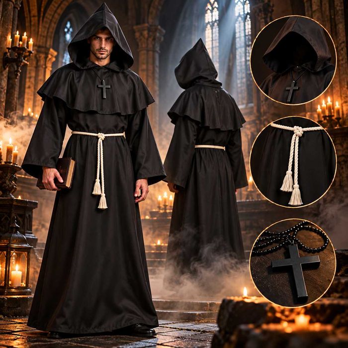 Przebranie Mnicha Halloween Habit Kaptur Krzyż Sznur 130 cm
