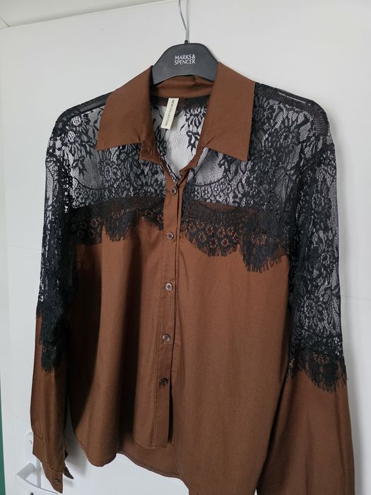 Włoska czekoladowa koszula z koronką oversize 44 46 48