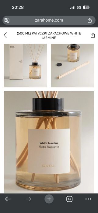 Zara home 500 ml Jasmine Write patyczki zapachowe