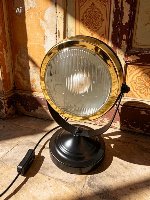 Candeeiro de mesa feito a partir de um farol de mota Vespa

Reutiliza um farol clássico de mota como candeeiro decorativo e funcional.
Estilo retro,