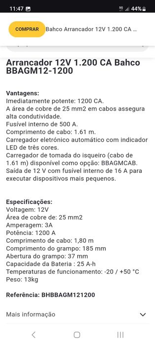 Arrancador/Carregador baterias 12 V