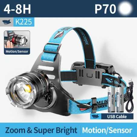 Мощный Налобный фонарик с светодиодом P70 датчик движения, зум