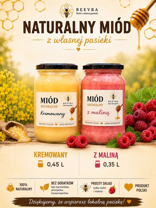 Miod rzepakowy kremowany i z malinami malinowy