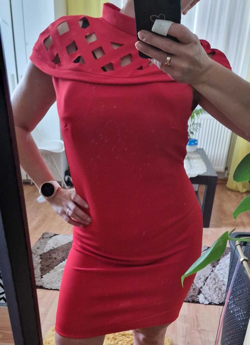 Nowa Czerwona ołówkowa sukienka paski dekolt ażur s/m