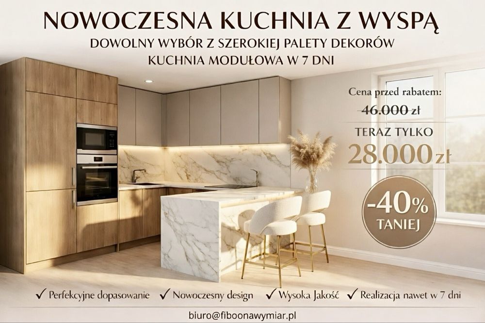 Gotowa Kuchnia z wyspą w 7 dni! Dowolny dekor !