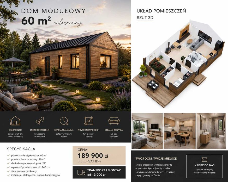 Dom modułowy całoroczny 60 m² | Parterowy | 189 900 zł brutto