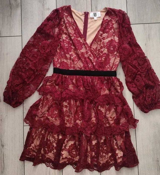 Sukienka bordowa koronka falbany wesele studniówka 38 40 M L