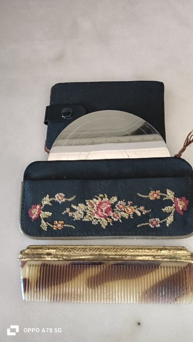 Espelho c/pente e carteira de costura antiga