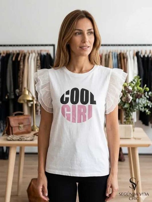 T-shirt Branca "Cool Girl" com Mangas em Tule Relish M