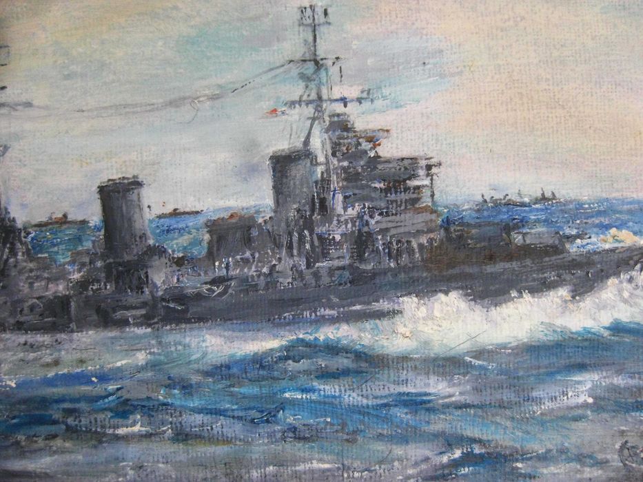 Krążownik Sheffield stary obraz olejny