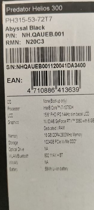 Computador portátil Predator helios 300