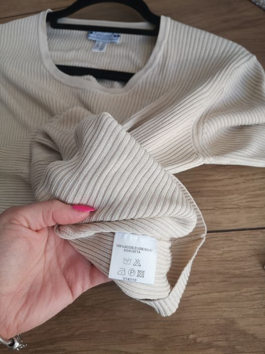 100% jedwab silk lekki sweter prążek beżowy