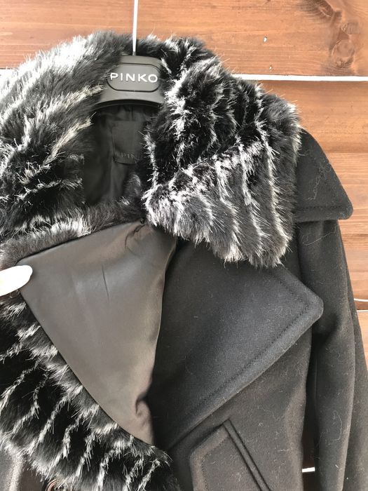 PINKO nowa czarna kurtka jesionka wełniana sztuczne futro S