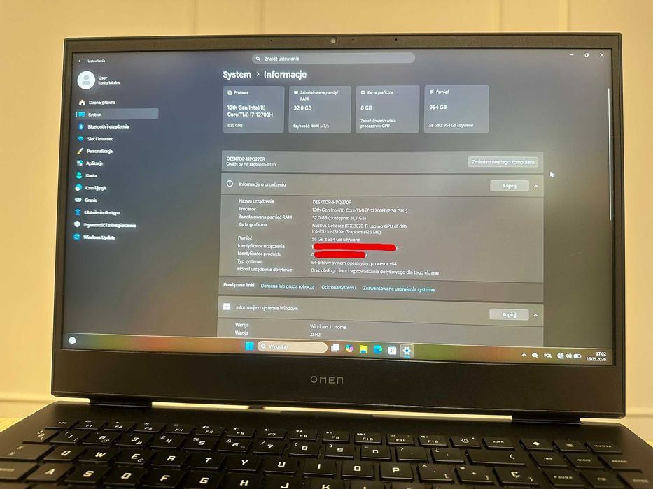 LAPTOP GAMINGOWY HP OMEN 16 | RTX 3070 Ti | i7-12700H | 32GB RAM | 1TB SSD | 165Hz