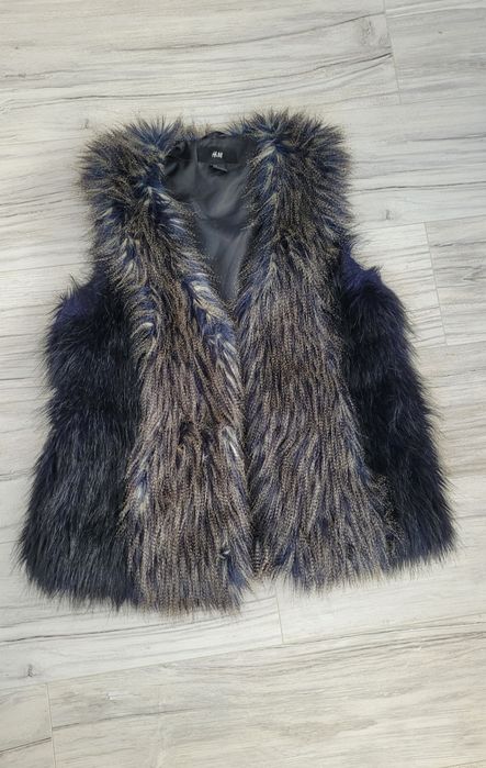 Kamizelka/bezrękawnik granatowo szary niezapinany futerko H&M