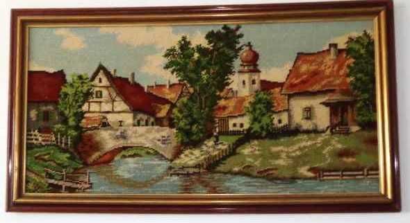 Śliczny obraz gobelinowy w drewnianej ramie