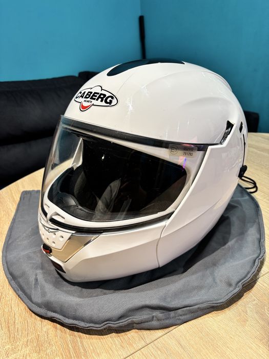 Kask szczekowy blenda przeciwsloneczna interkom CABERG JUSTISSIMO GT 2xl otwierany  otwierana szczeka ladny stan bezwypadkowy bialy