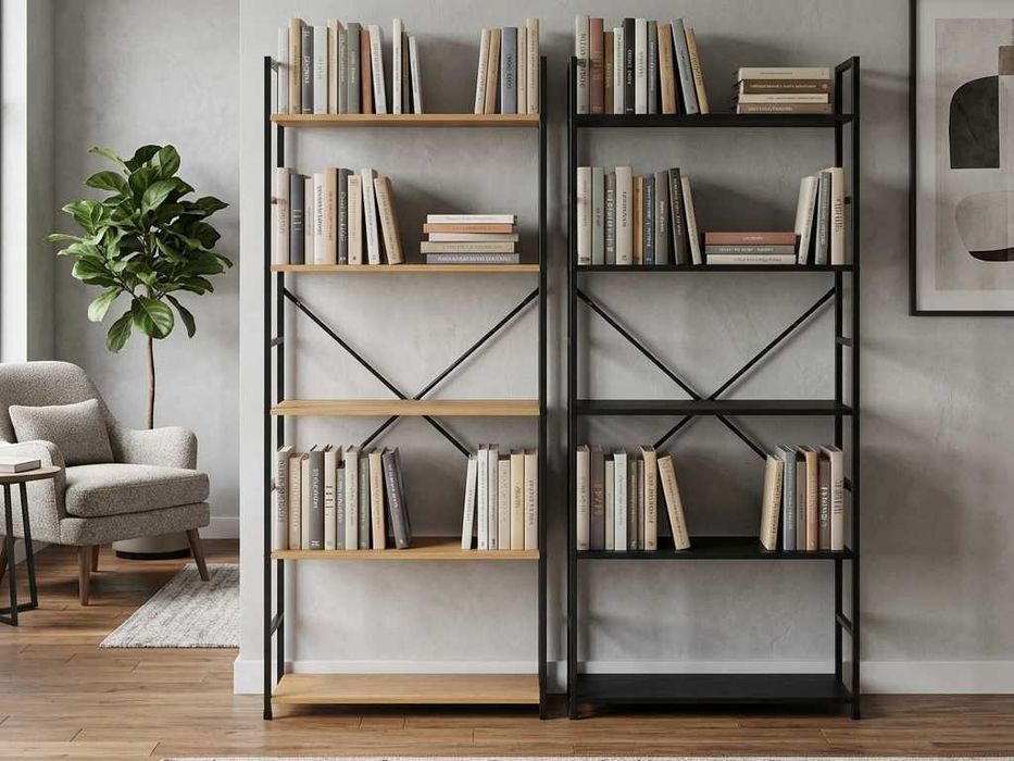 NOWE Metalowe Regały Loftowe Regał Loft z 5 Półkami na Książki Metalowy Meble Do Domu Kolor Naturalny Drewniany i Dąb Czarny Okazja Faktura Gwarancja!