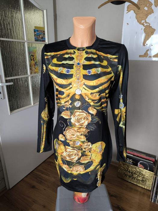 Sukienka kostium na Halloween L czarna złota szkielet 3d cosplay party