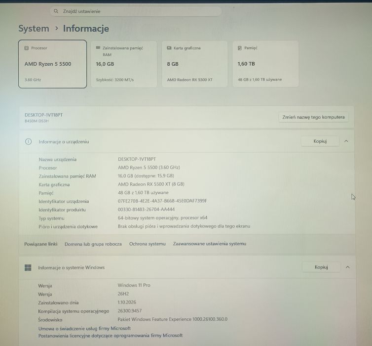 Gracz RYZEN 5 5500, RX 5500XT 8GB, 16GB ram, SSD NVME, 550W