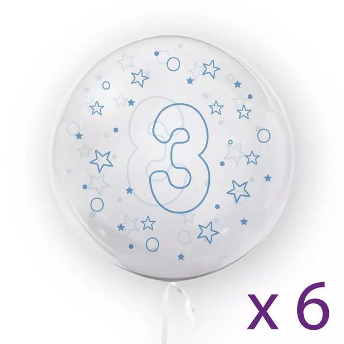 Balony z cyfrą "3" (6 sztuk), gwiazdki niebieskie. Tuban