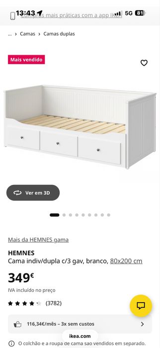 HEMNES IKEA Cama indiv/dupla c/3 gav, branco, 80x200 cm