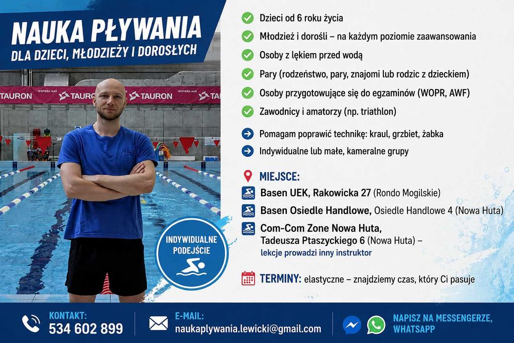 Nauka pływania Kraków - Indywidualnie lub w parze |Śródmieście, Grzegórzki, Czyżyny, Nowa Huta|