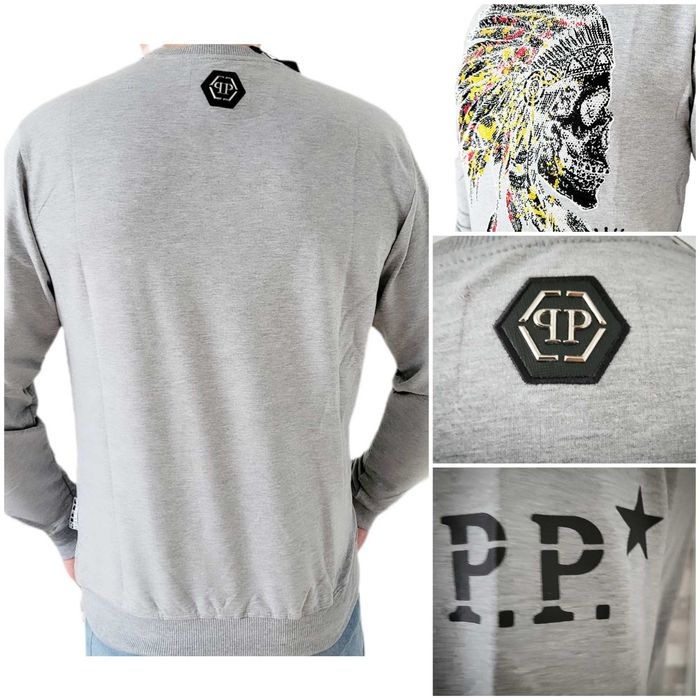 Philipp Plein Bluza Męska motyw Indianin szara