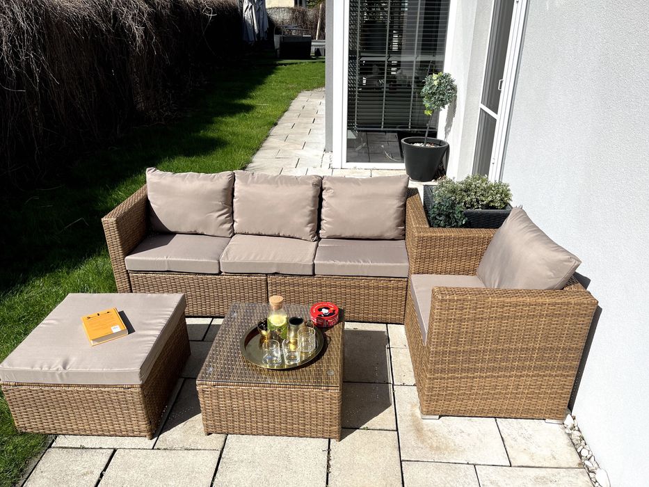 (GD) BORNEO zestaw technorattan beżowoszary sofa fotel pufa