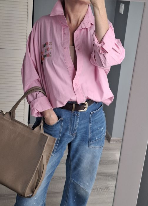 Włoska koszula róż barbie wiya koraliki oversize