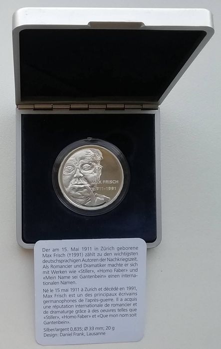 Швейцарія 20 франків 2011р. СРІБЛО. 100 років з народження Макса Фріша. Сертифікат.