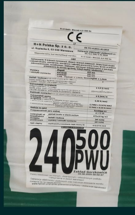 pustak H+H Gold wymiary 625x250x115