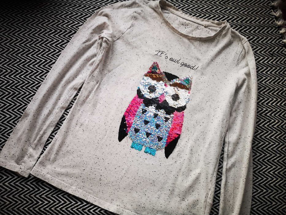 C&A szara bluzka z długim rękawem cekiny sowa r.158/164 cm 13-14 lat