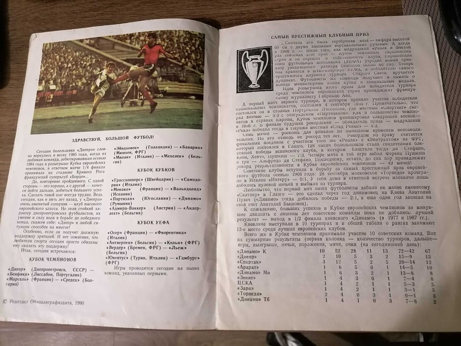 Программа футбольного матча Днепр - Бенфика 1990 г Программка